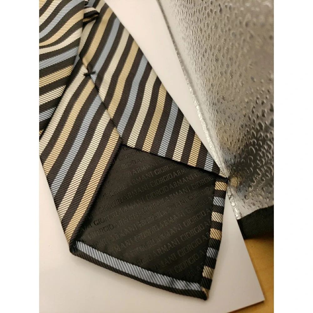 Giorgio Armani Mens Silk Tie Black Blue White Gold Striped Pattern Made in Italy